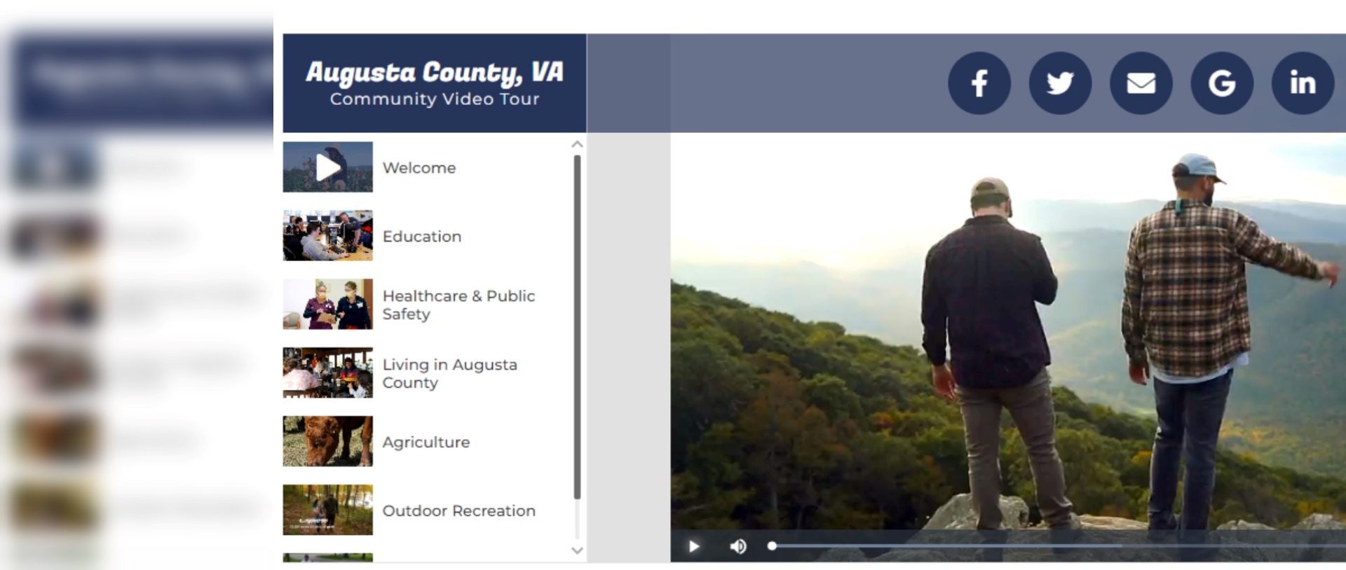 Screenshot of community video tour portal featuring welcome, education, health, safety, agriculture, and community partners videos.