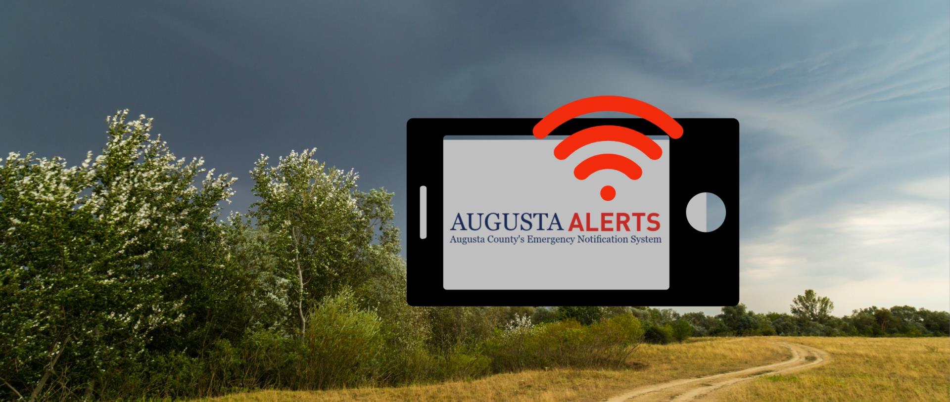 Sign up button for Augusta Alerts, photo of stormy skies and Augusta Alerts logo.