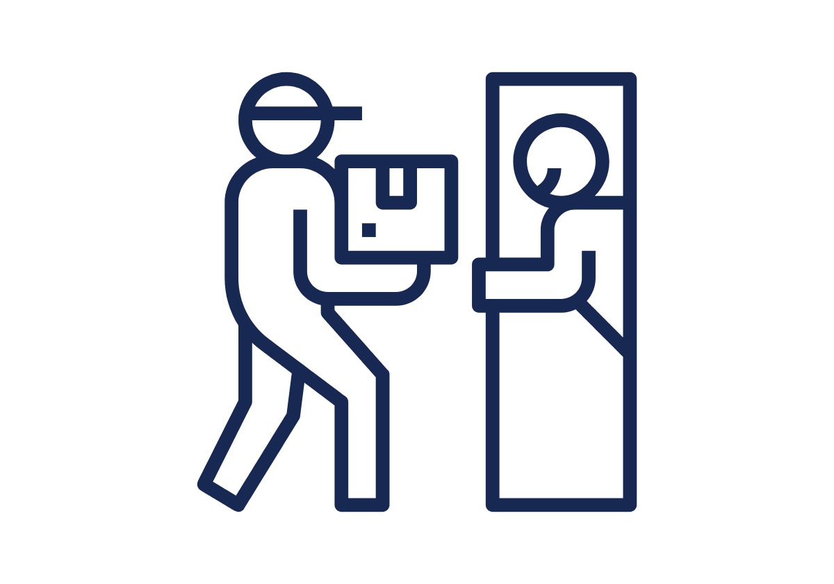 icon of mail deliverer and person receiving package at doorstep
