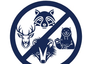 Raccoon, deer, skunk, and bear faces with the prohibition symbol overtop